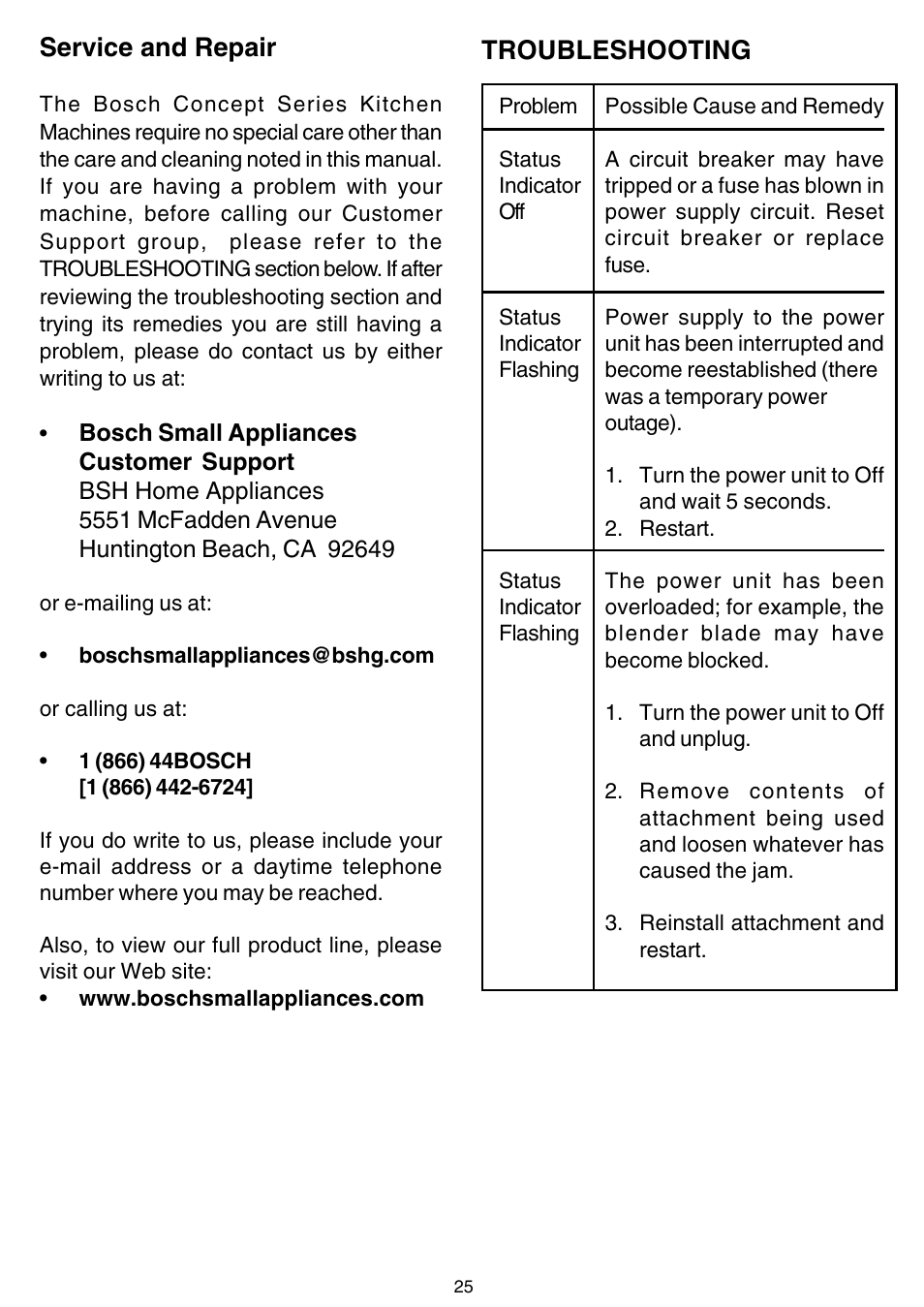 Service and repair, Troubleshooting | Bosch MUM 7000 UC User Manual | Page 25 / 32