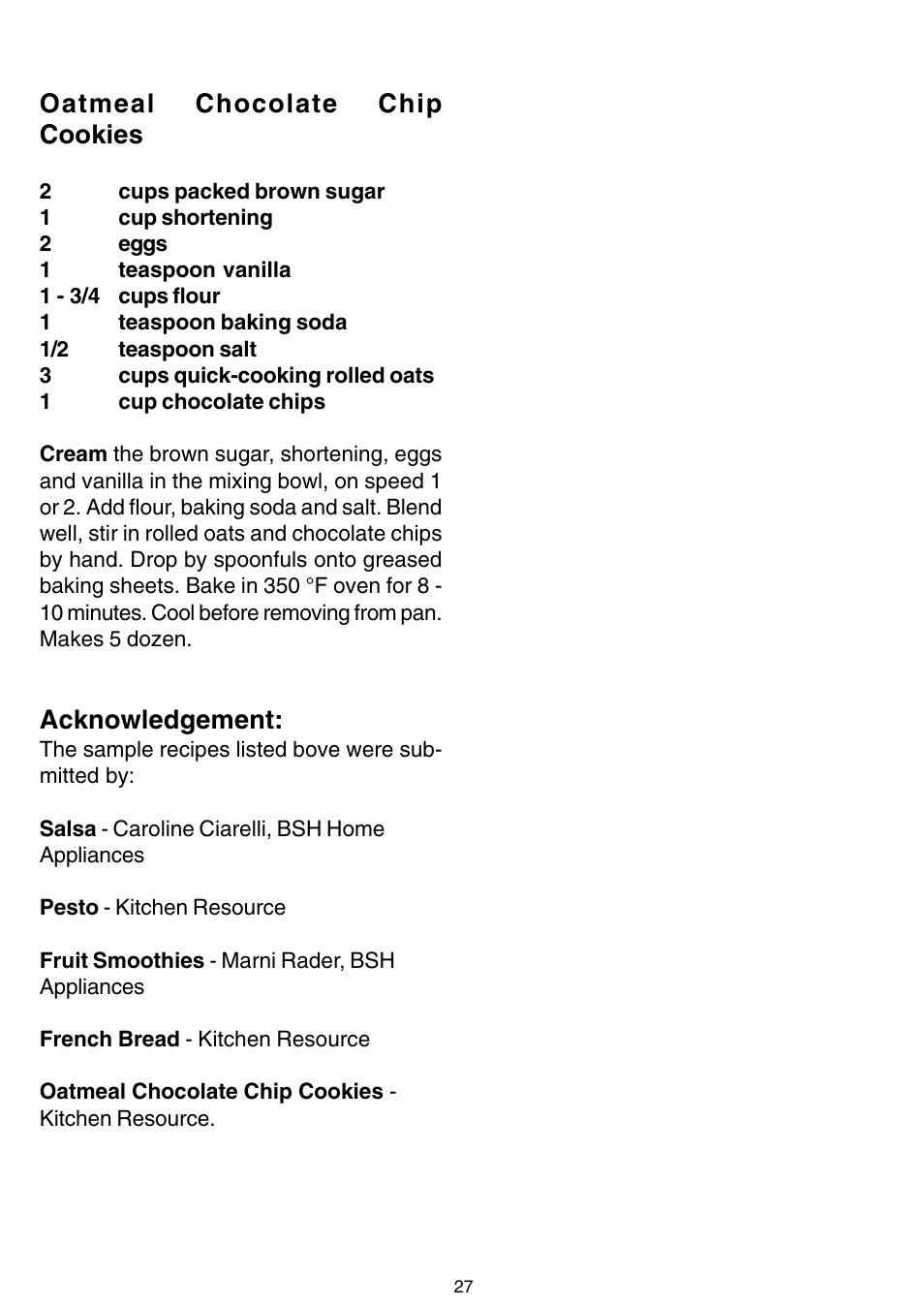 Oatmeal chocolate chip cookies, Acknowledgement | Bosch MUM 7000 UC User Manual | Page 27 / 32