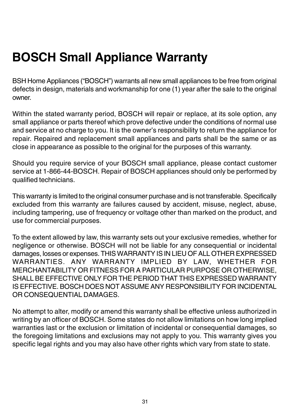Bosch small appliance warranty | Bosch MUM 7000 UC User Manual | Page 31 / 32
