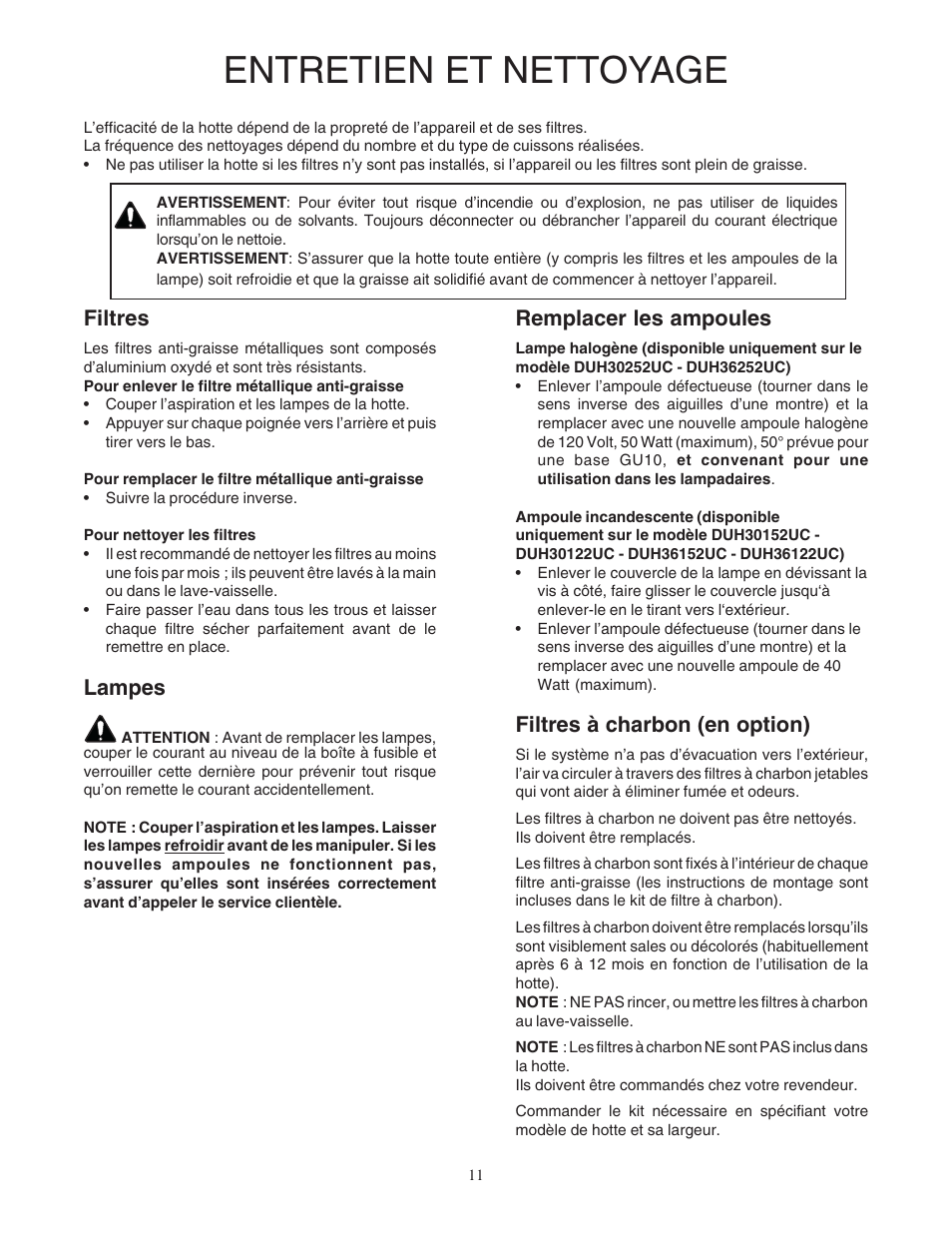 Entretien et nettoyage, Filtres, Lampes | Remplacer les ampoules, Filtres à charbon (en option) | Bosch DUH36122UC User Manual | Page 11 / 20