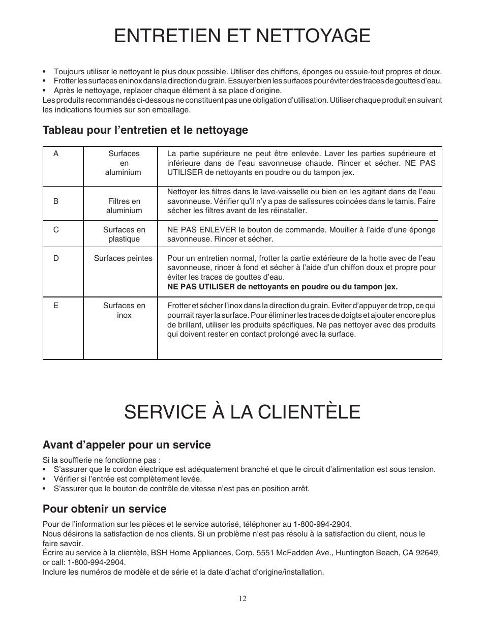 Entretien et nettoyage, Service à la clientèle, Tableau pour l’entretien et le nettoyage | Avant d’appeler pour un service, Pour obtenir un service | Bosch DUH36122UC User Manual | Page 12 / 20