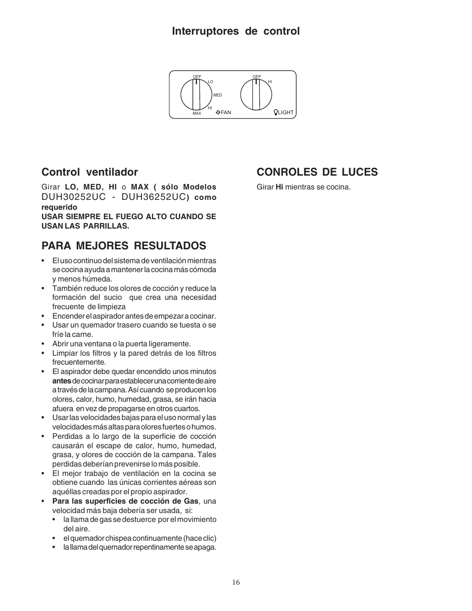 Control ventilador, Para mejores resultados, Interruptores de control conroles de luces | Bosch DUH36122UC User Manual | Page 16 / 20