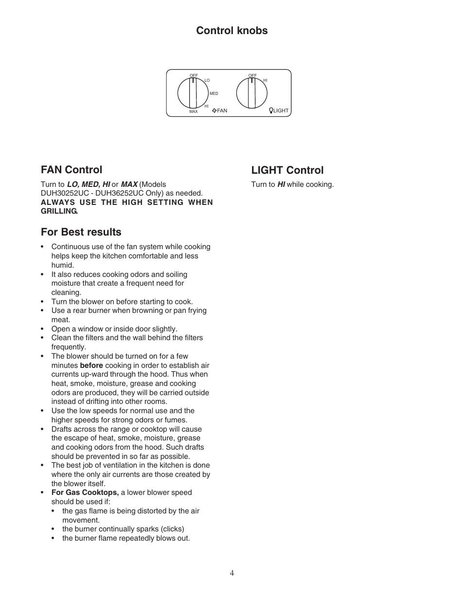 Control knobs fan control, For best results, Light control | Bosch DUH36122UC User Manual | Page 4 / 20
