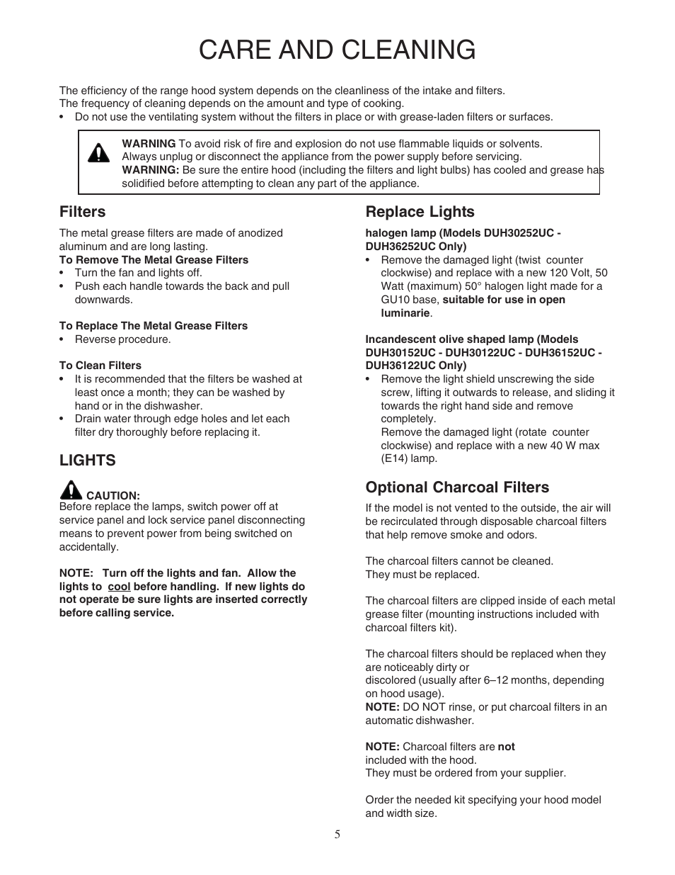 Care and cleaning, Filters, Lights | Replace lights, Optional charcoal filters | Bosch DUH36122UC User Manual | Page 5 / 20