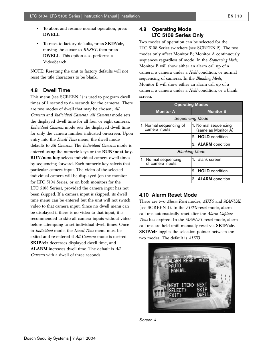 8 dwell time, 10 alarm reset mode | Bosch LTC 5104 User Manual | Page 10 / 20