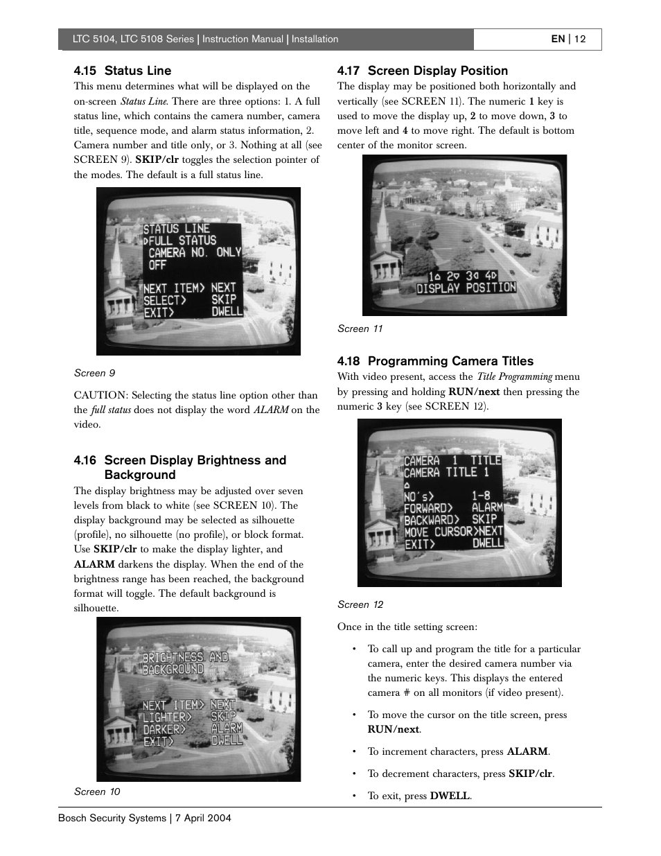 15 status line, 16 screen display brightness and background, 17 screen display position | 18 programming camera titles | Bosch LTC 5104 User Manual | Page 12 / 20