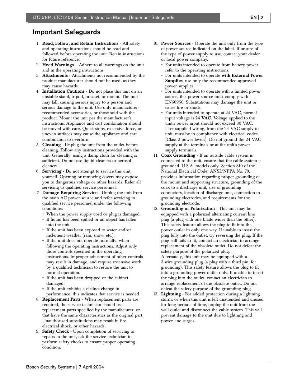 Important safeguards | Bosch LTC 5104 User Manual | Page 2 / 20