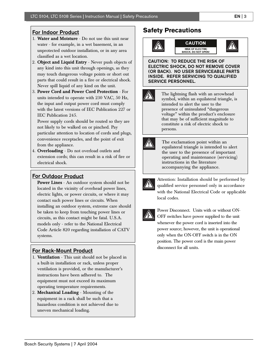 Safety precautions | Bosch LTC 5104 User Manual | Page 3 / 20