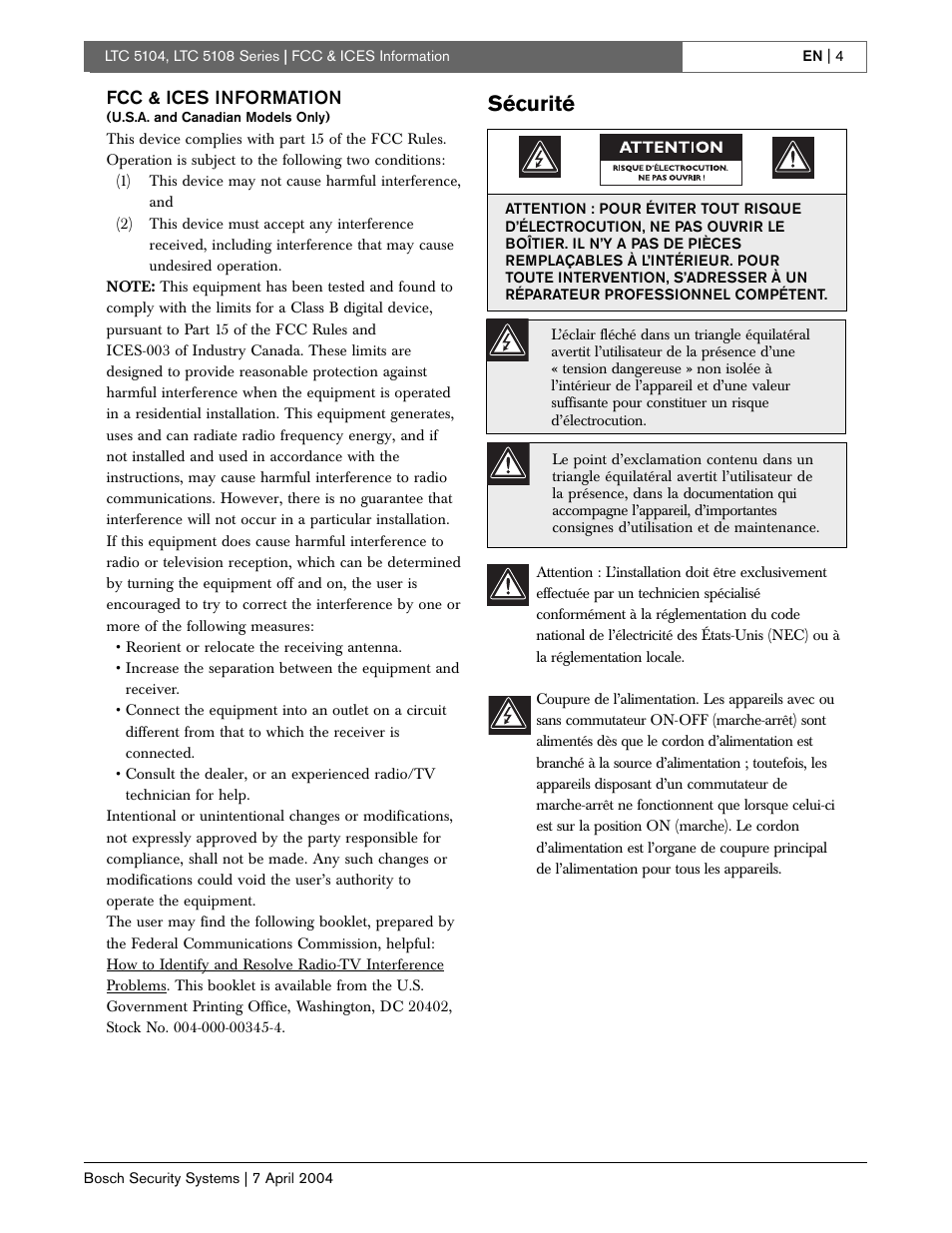 Sécurité, Fcc & ices information | Bosch LTC 5104 User Manual | Page 4 / 20