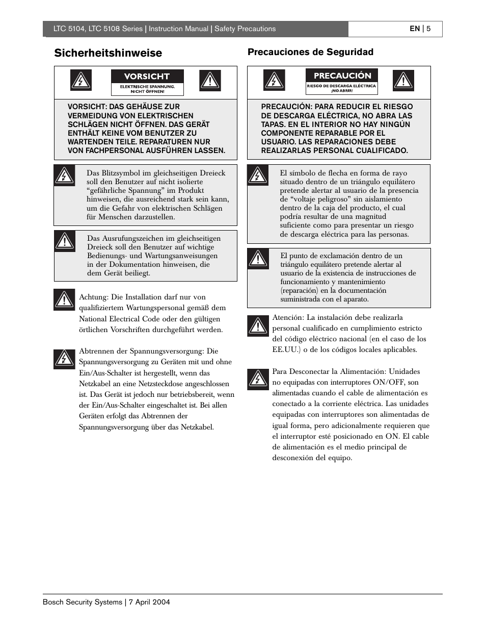 Sicherheitshinweise | Bosch LTC 5104 User Manual | Page 5 / 20