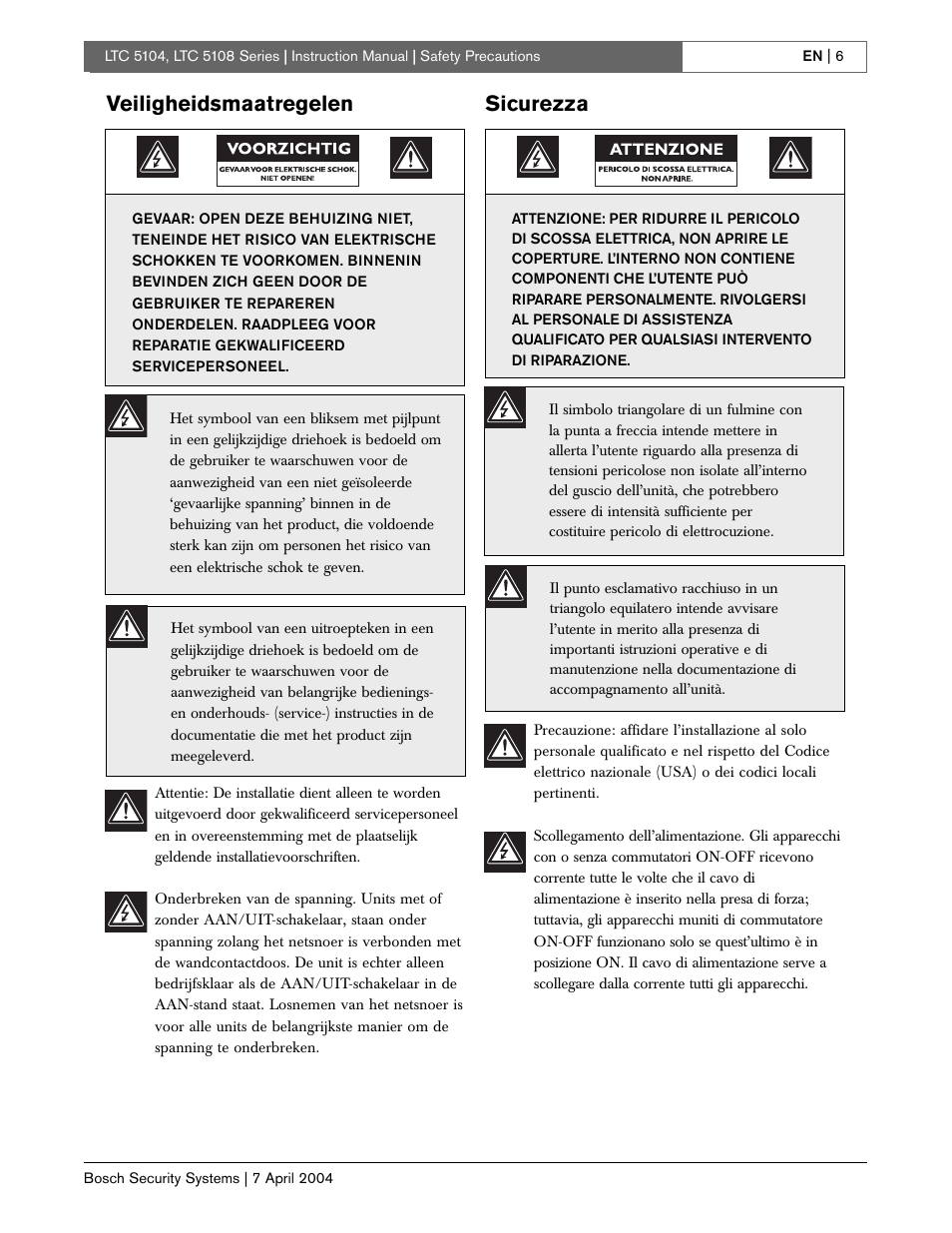 Veiligheidsmaatregelen, Sicurezza | Bosch LTC 5104 User Manual | Page 6 / 20