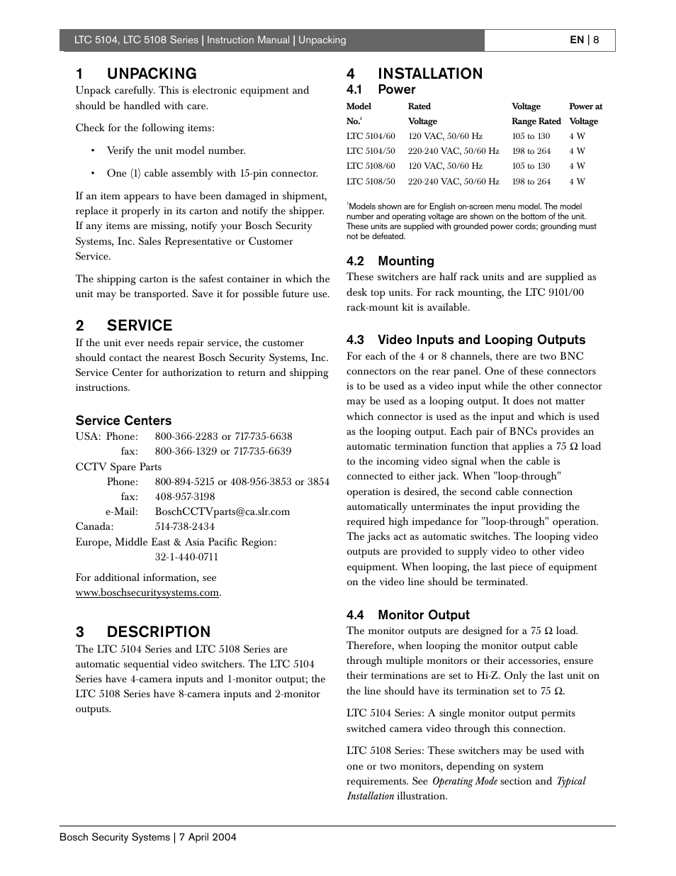 1unpacking, 2service, 3description | 4installation, Service centers, 1 power, 2 mounting, 3 video inputs and looping outputs, 4 monitor output | Bosch LTC 5104 User Manual | Page 8 / 20