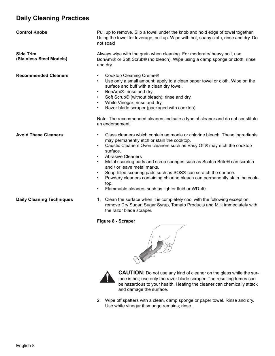 Daily cleaning practices, Control knobs, Side trim (stainless steel models) | Recommended cleaners, Avoid these cleaners, Daily cleaning techniques | Bosch BOSCH Cooktop User Manual | Page 10 / 40
