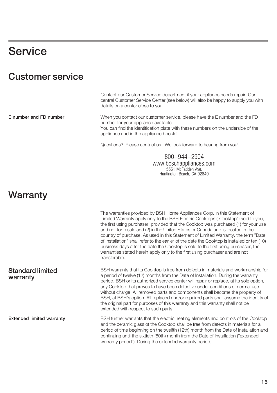 Service, Customer service, Warranty | Bosch NEM 74 User Manual | Page 15 / 48