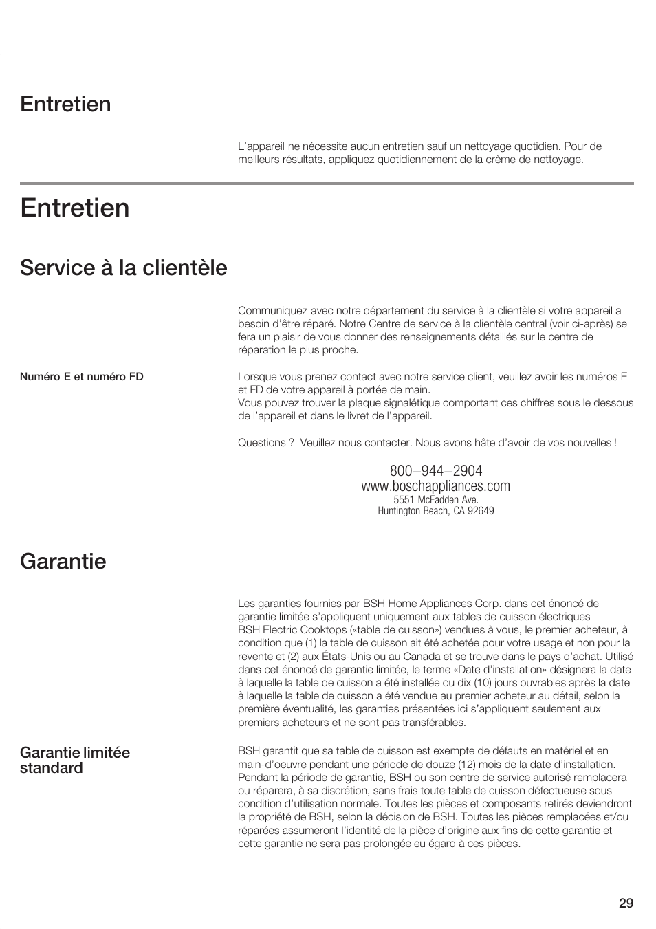 Entretien, Service à la clientèle, Garantie | Bosch NEM 74 User Manual | Page 29 / 48