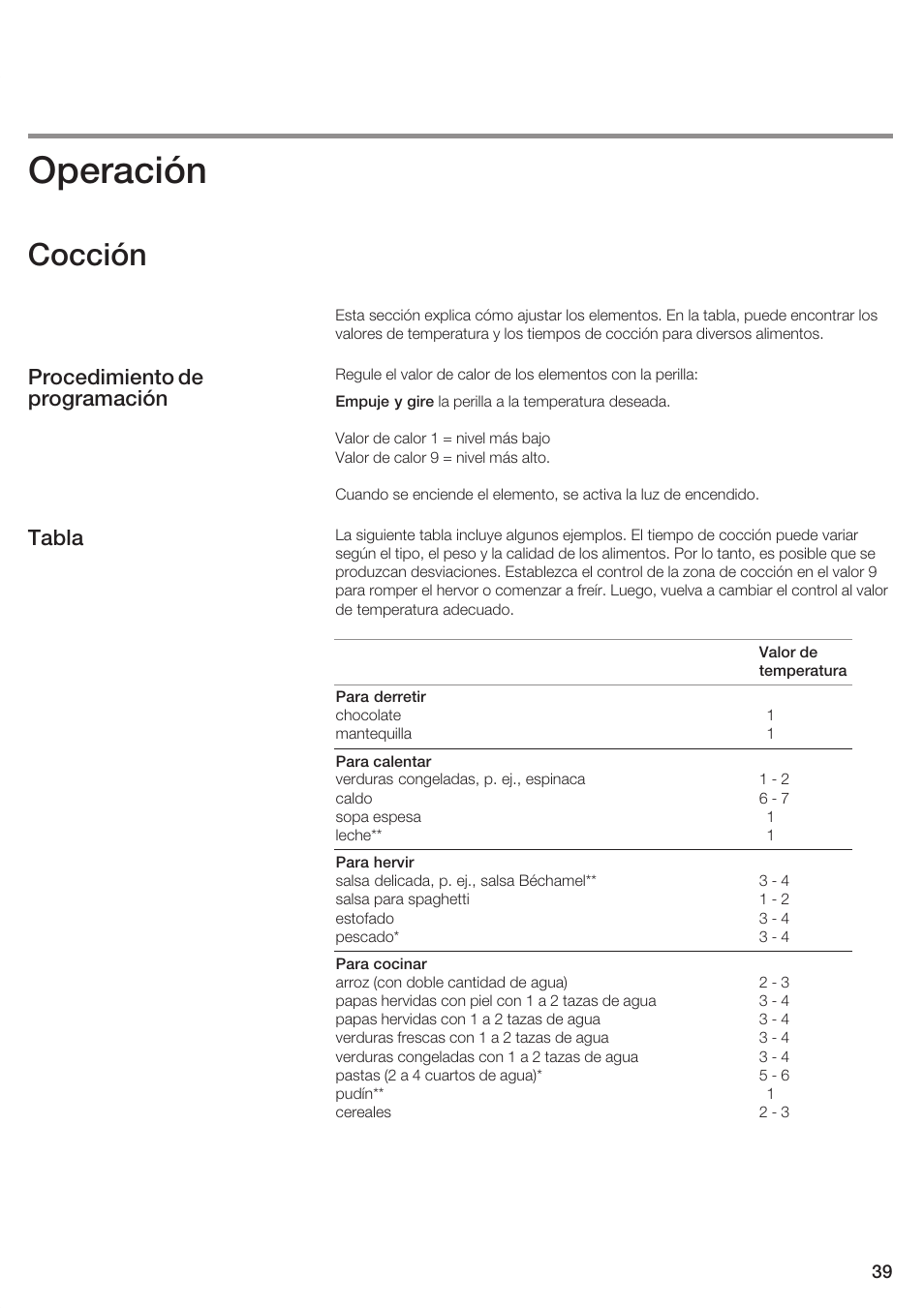 Operación, Cocción, Procedimiento de programación tabla | Bosch NEM 74 User Manual | Page 39 / 48