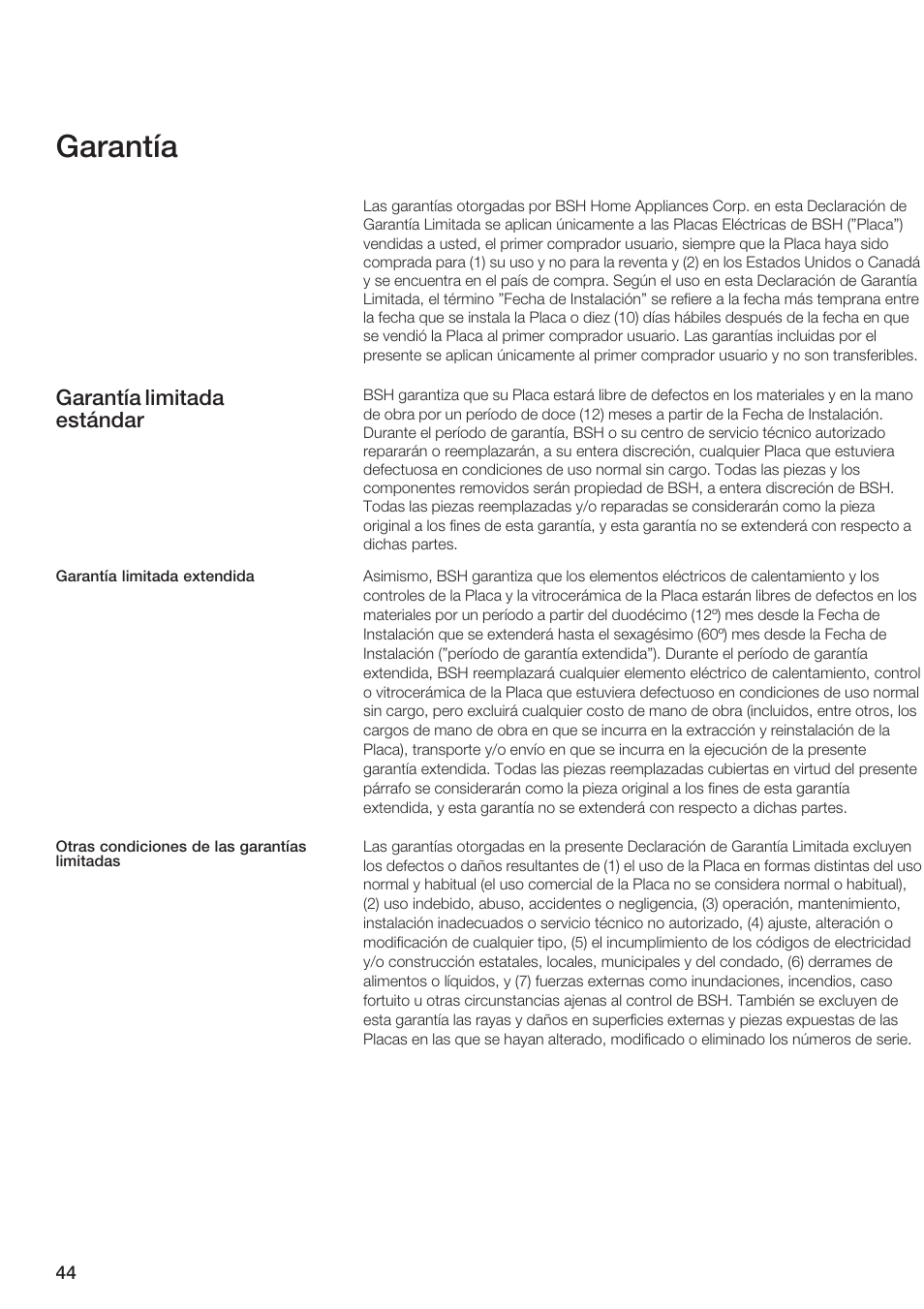 Garantía, Garantía limitada estándar | Bosch NEM 74 User Manual | Page 44 / 48