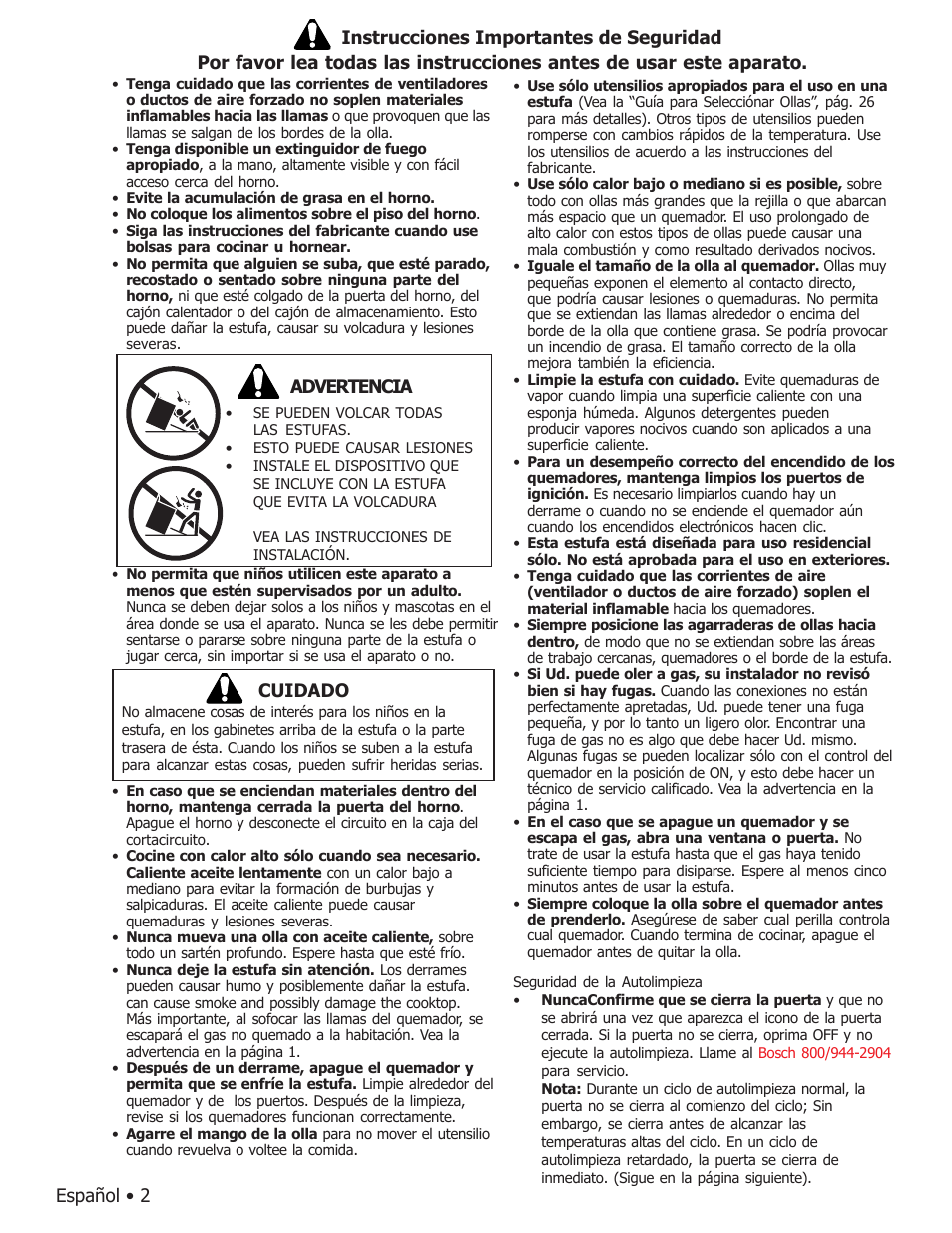Advertencia, Cuidado | Bosch BOSCH GAS FREE-STANDING CONVECTION RANGE User Manual | Page 74 / 104
