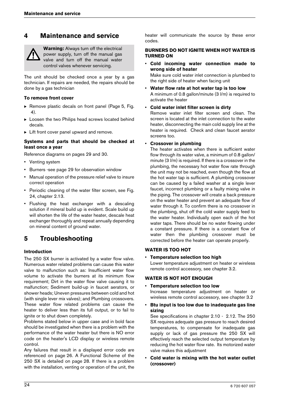4maintenance and service, 5troubleshooting | Bosch AQUA STAR 250SX LP User Manual | Page 24 / 36