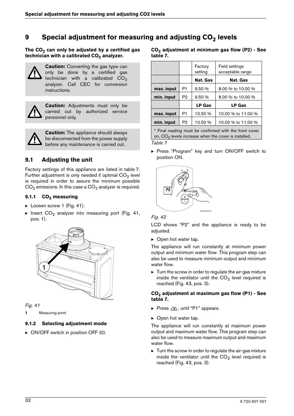 9special adjustment for measuring and adjusting co, Levels, 1 adjusting the unit | Bosch AQUA STAR 250SX LP User Manual | Page 32 / 36