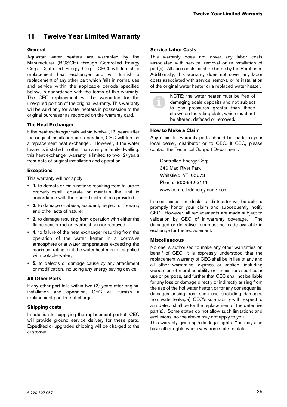 11 twelve year limited warranty | Bosch AQUA STAR 250SX LP User Manual | Page 35 / 36