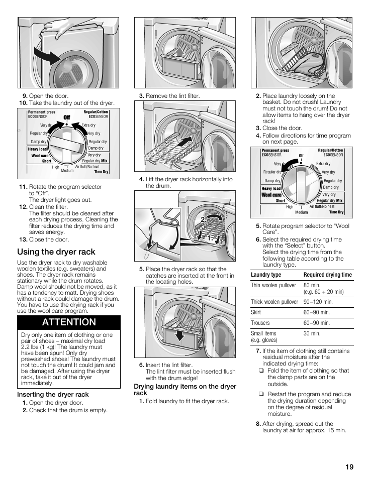 Attention, Using the dryer rack | Bosch WTMC8521UC User Manual | Page 19 / 80