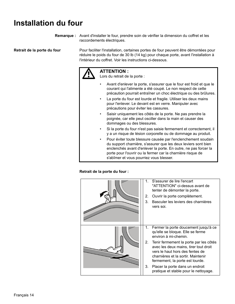 Installation du four, Remarque, Retrait de la porte du four | Ouvrir la porte complètement, Basculer les leviers des charnières vers soi | Bosch HBN33 User Manual | Page 34 / 56