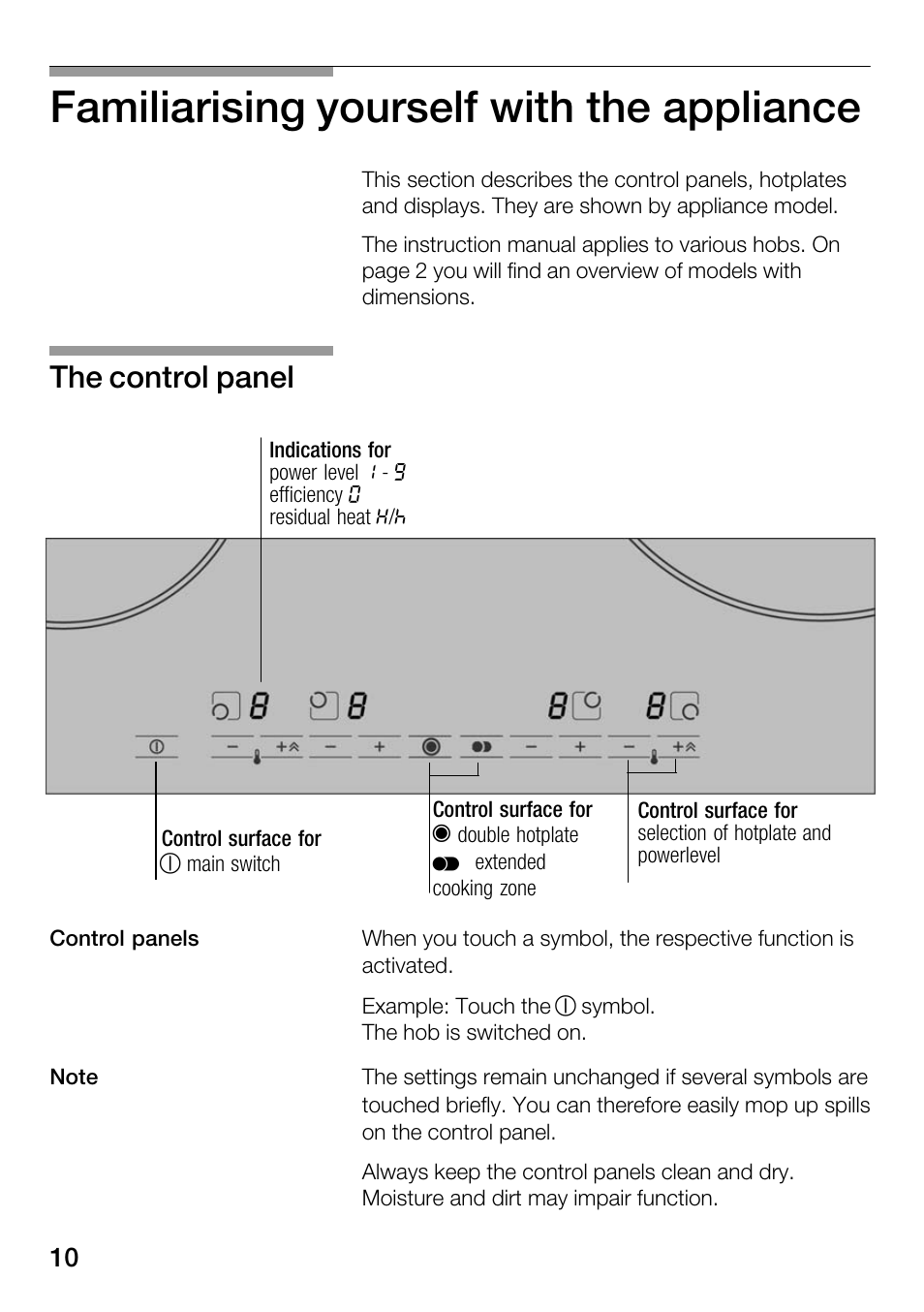 Familiarising yourself with the appliance, The control panel | Bosch Hot Plate User Manual | Page 10 / 29