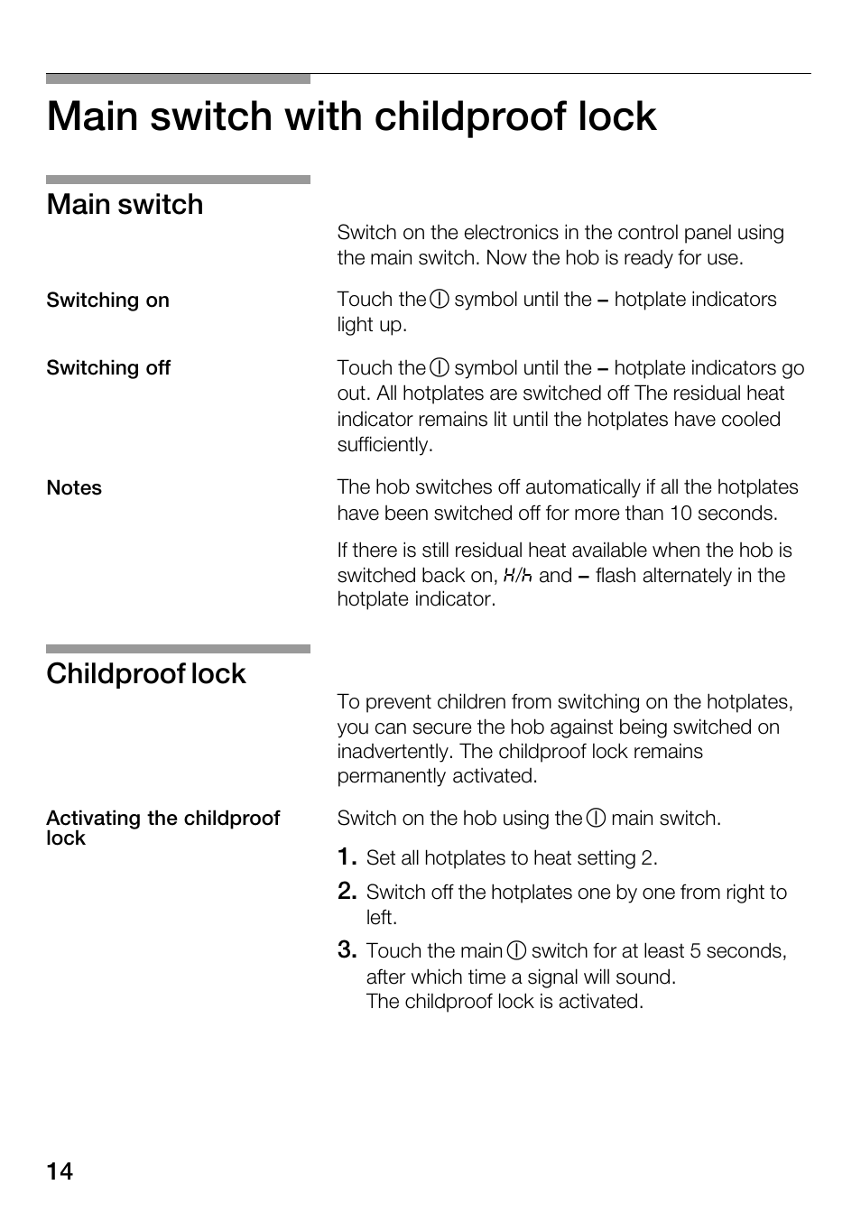 Main switch with childproof lock, Main switch, Childproof lock | Bosch Hot Plate User Manual | Page 14 / 29