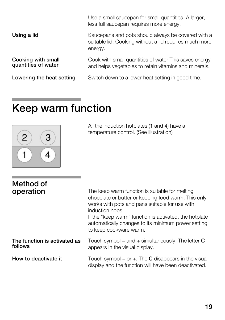 Keep warm function, Method of operation | Bosch Hot Plate User Manual | Page 19 / 29
