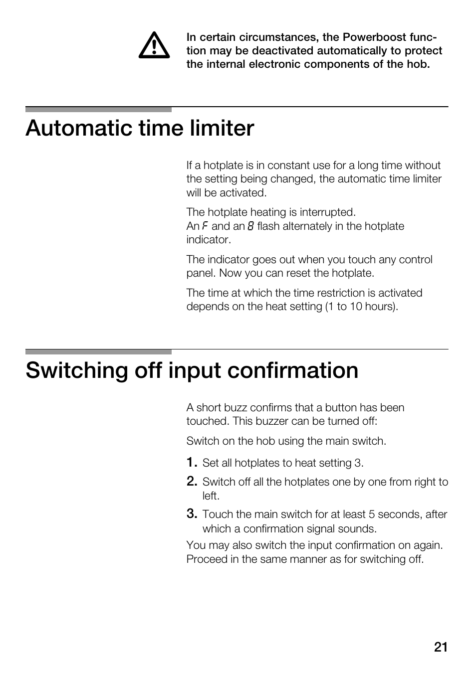 Automatic time limiter, Switching off input confirmation | Bosch Hot Plate User Manual | Page 21 / 29