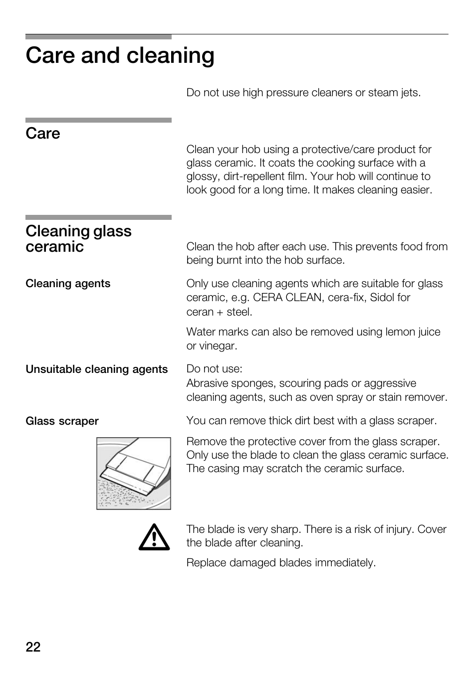 Care and cleaning, Care cleaning glass ceramic | Bosch Hot Plate User Manual | Page 22 / 29