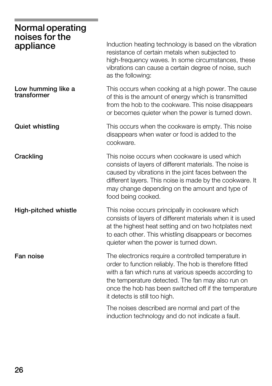 Normal operating noises for the appliance | Bosch Hot Plate User Manual | Page 26 / 29