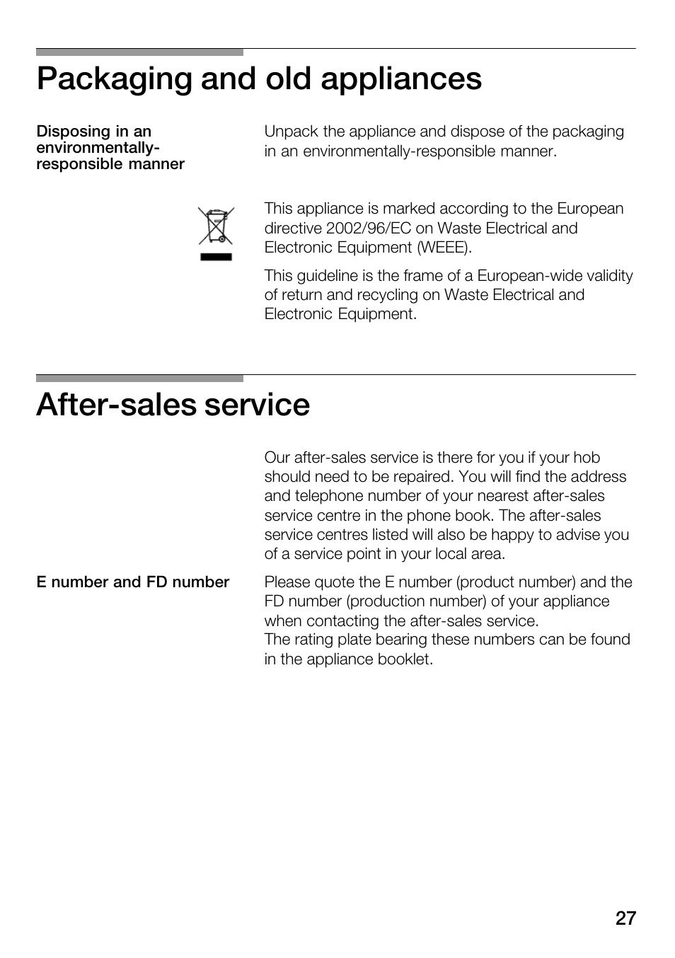 Packaging and old appliances, Afterćsales service | Bosch Hot Plate User Manual | Page 27 / 29