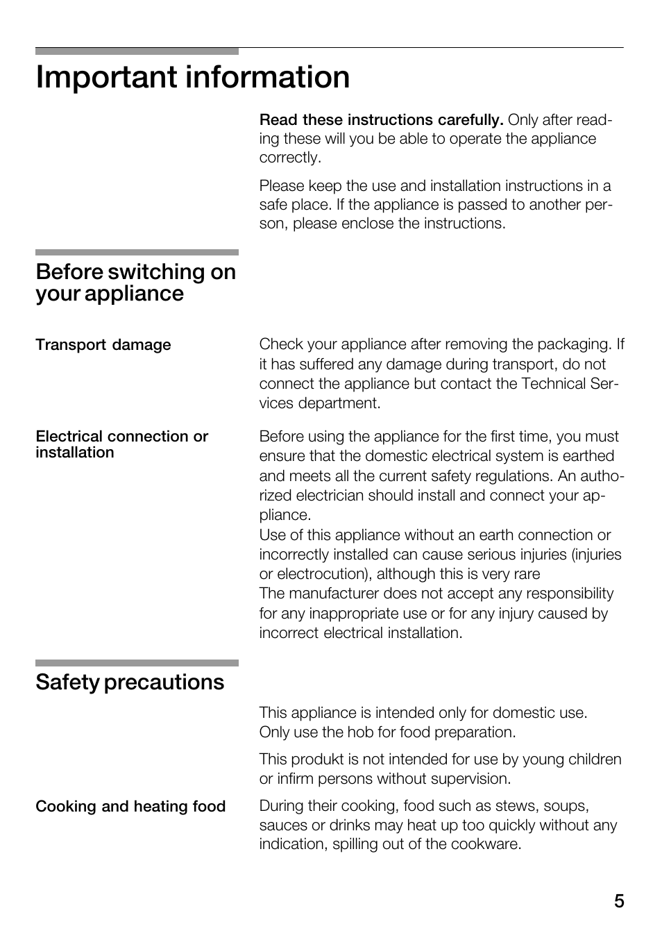 Important information, Before switching on your appliance, Safety precautions | Bosch Hot Plate User Manual | Page 5 / 29