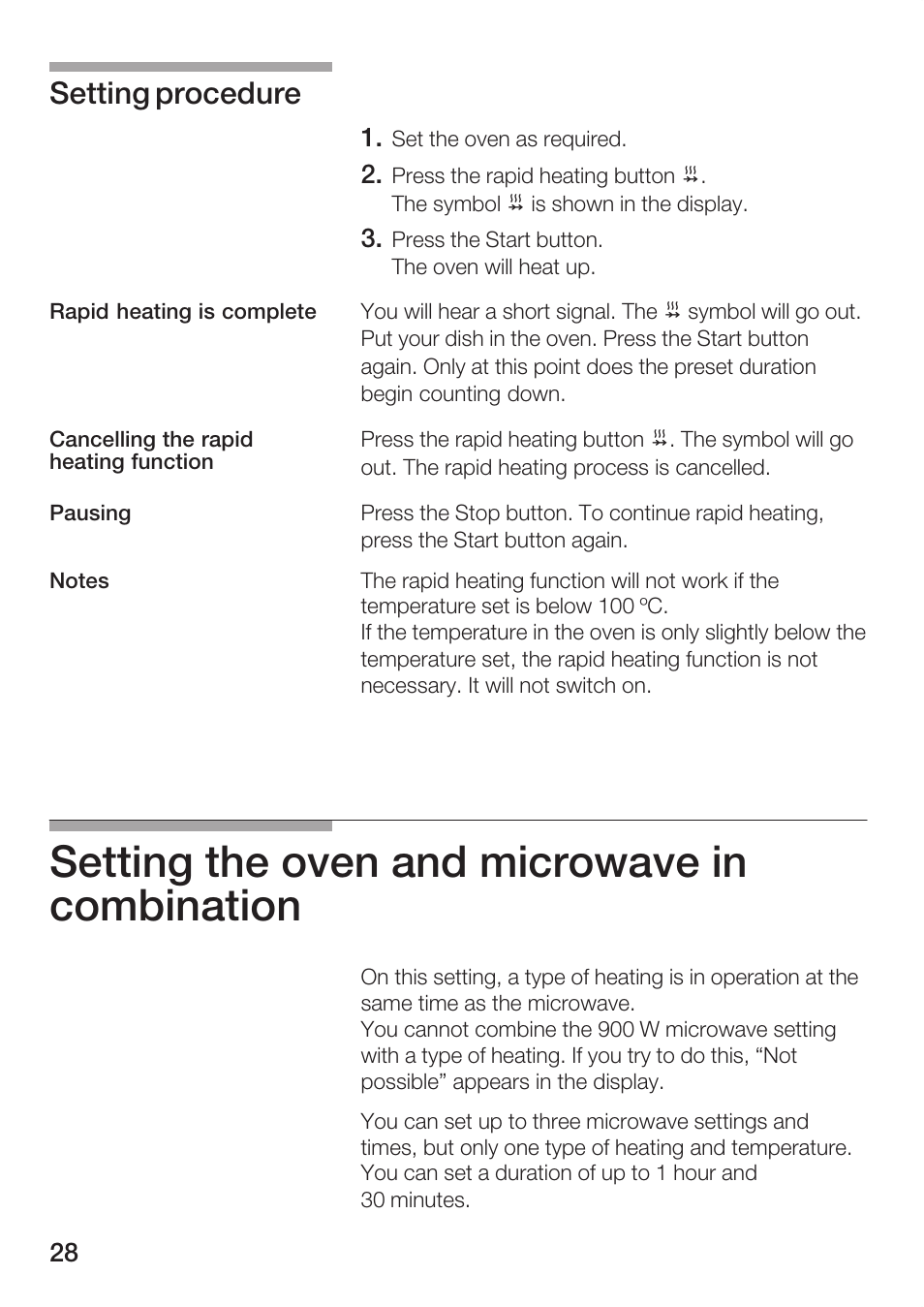 Setting the oven and microwave in combination, Setting procedure | Bosch HBC86K7.0 User Manual | Page 28 / 84
