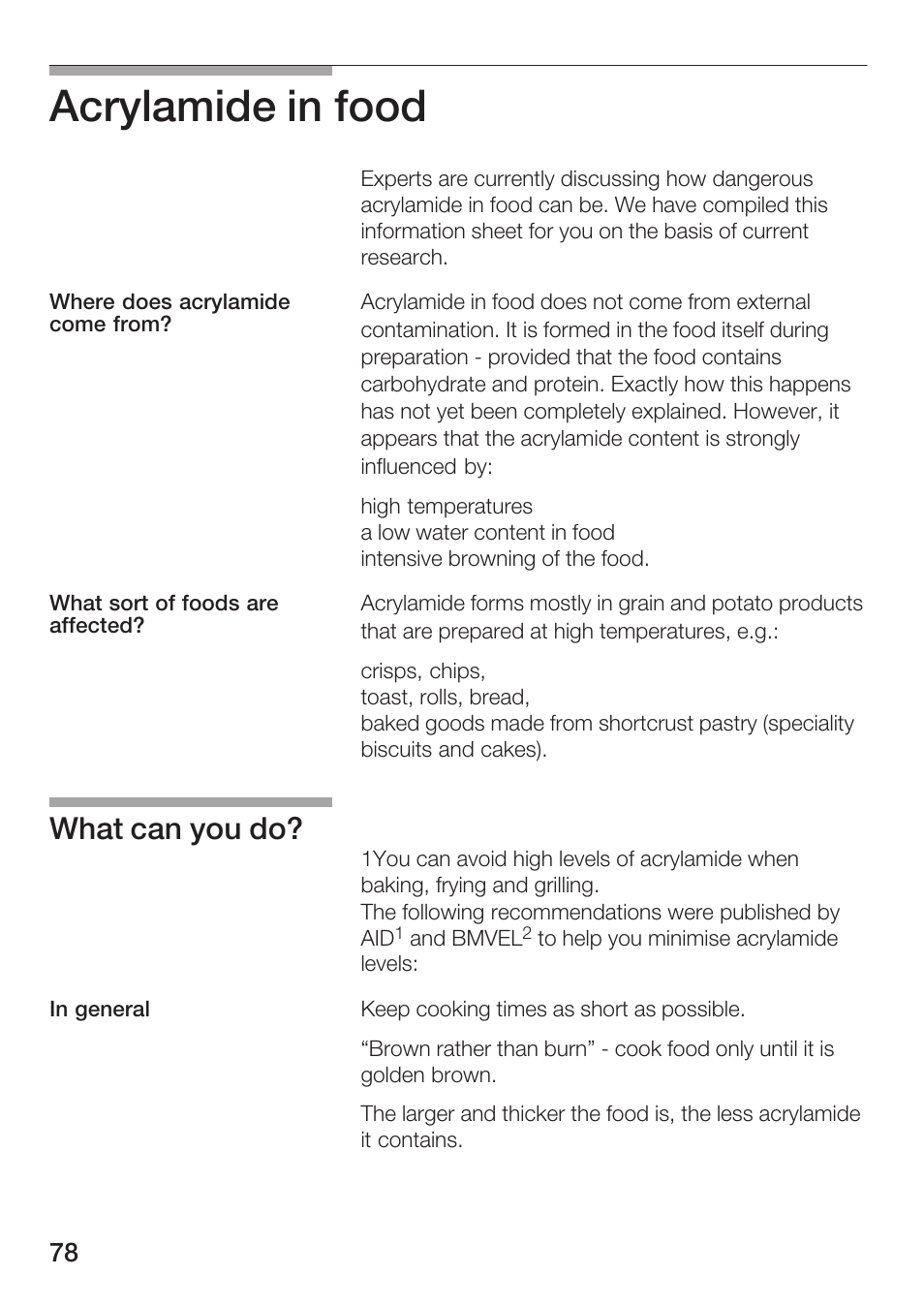 Acrylamide in food, What can you do | Bosch HBC86K7.0 User Manual | Page 78 / 84
