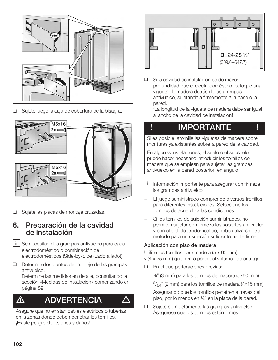 Advertencia, Importante, Preparación de la cavidad de instalación | Bosch Single Door User Manual | Page 102 / 124