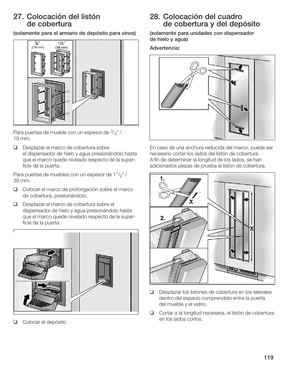 Colocación del listón de cobertura, Colocación del cuadro de cobertura y del depósito | Bosch Single Door User Manual | Page 119 / 124