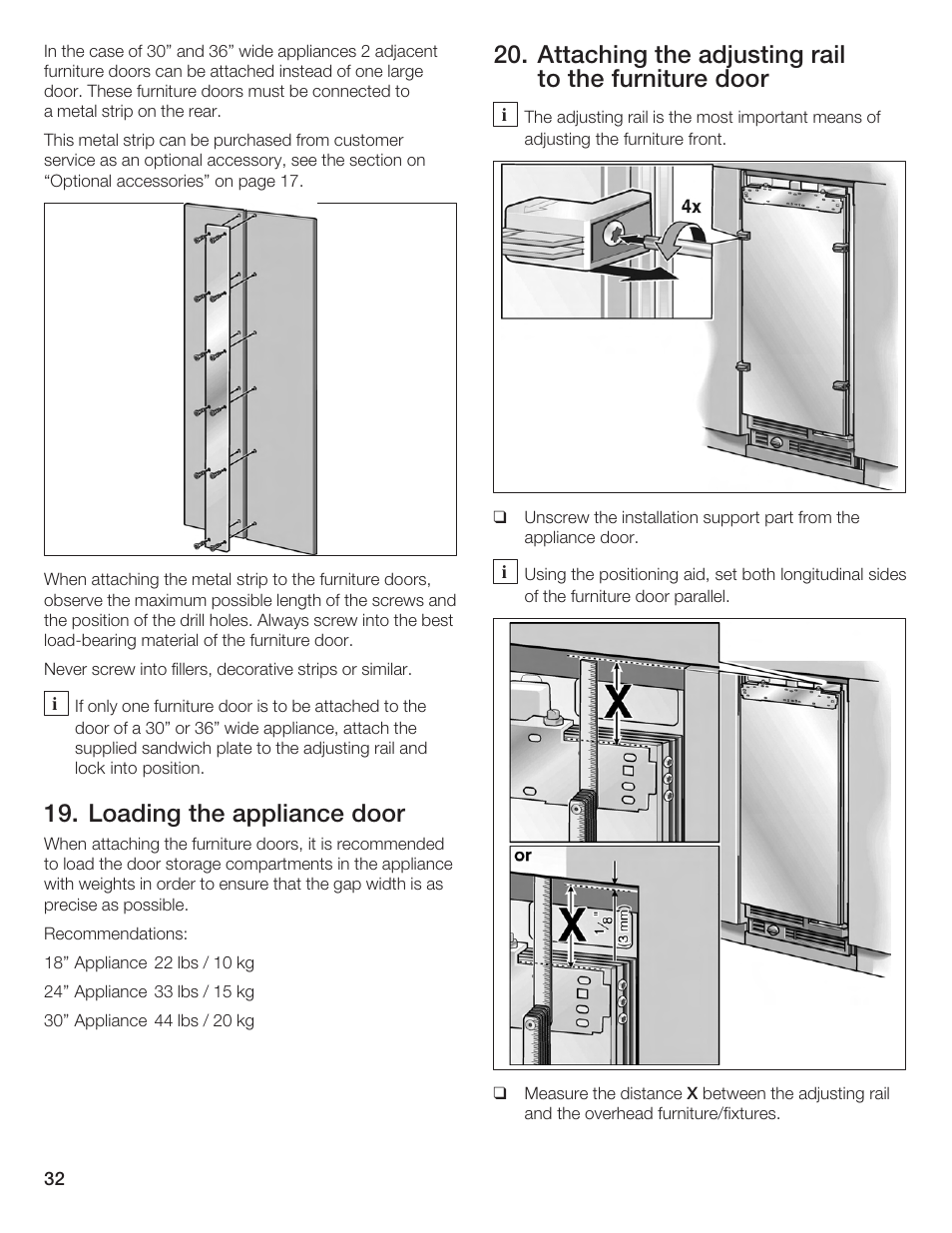 Loading the appliance door, Attaching the adjusting rail to the furniture door | Bosch Single Door User Manual | Page 32 / 124