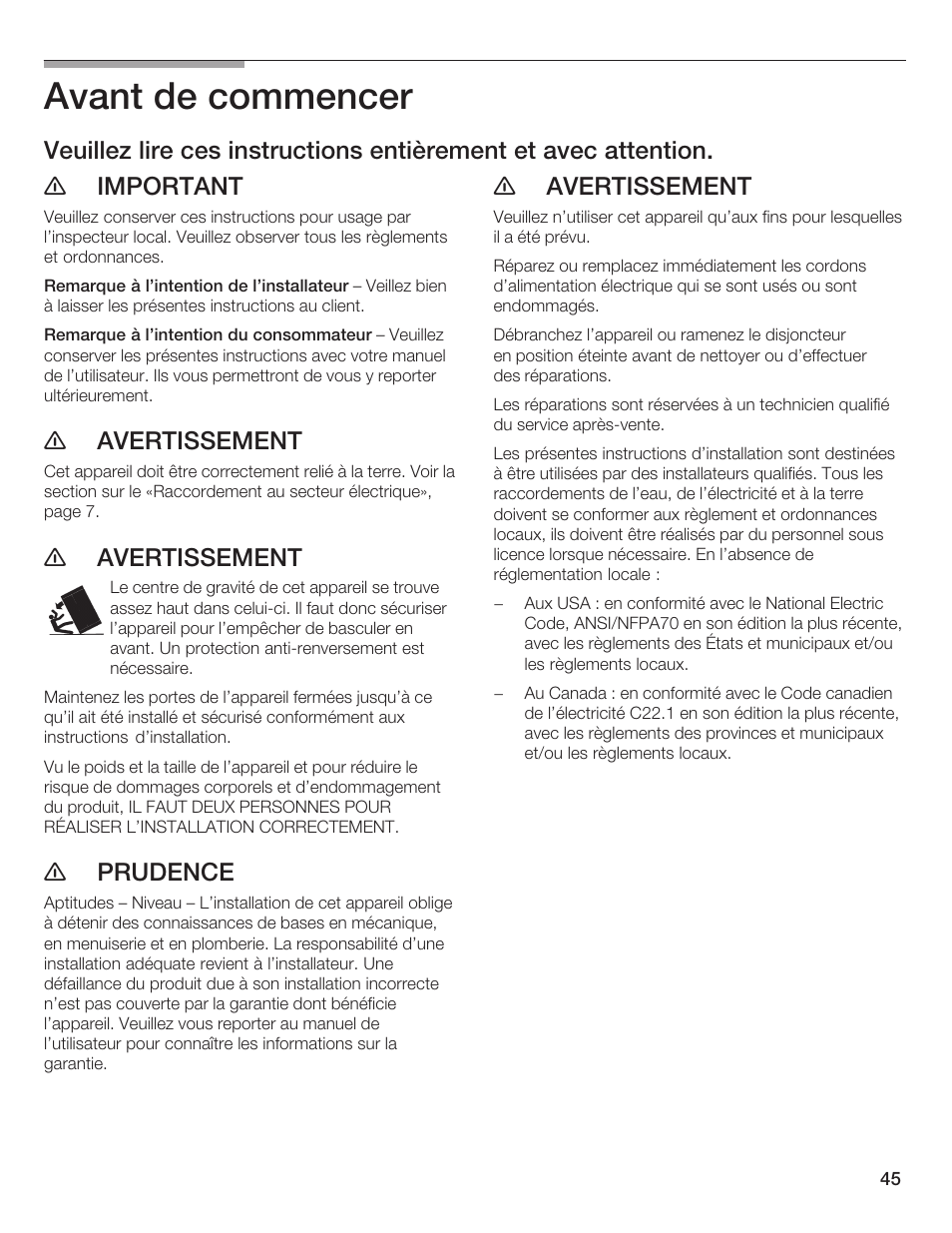 Avant de commencer, Eavertissement, Eprudence | Bosch Single Door User Manual | Page 45 / 124