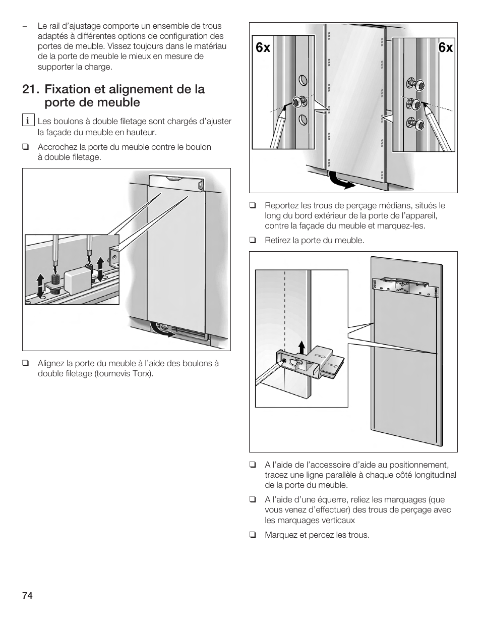 Fixation et alignement de la porte de meuble | Bosch Single Door User Manual | Page 74 / 124