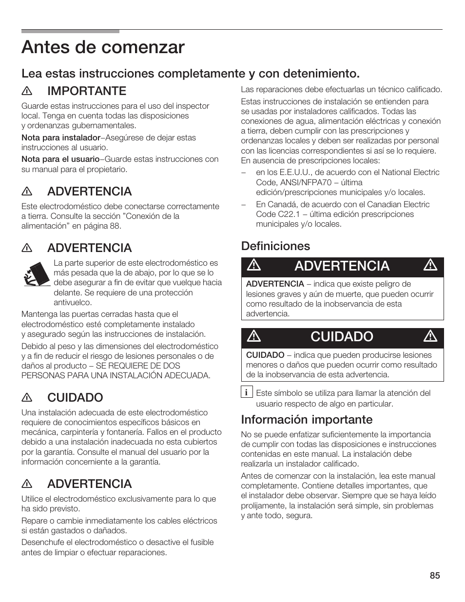 Antes de comenzar, Advertencia, Cuidado | Bosch Single Door User Manual | Page 85 / 124