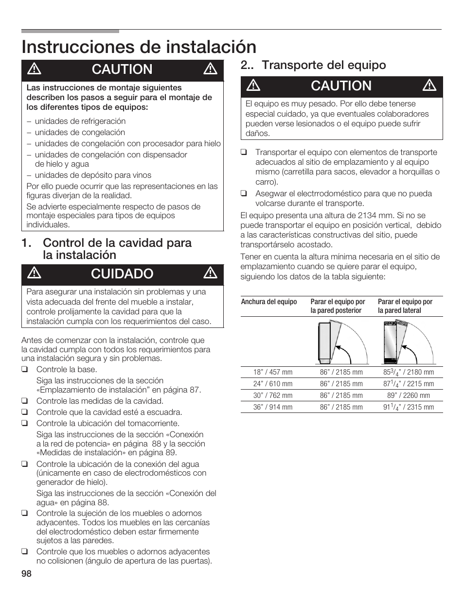 Instrucciones de instalación, Caution, Cuidado | Control de la cavidad para la instalación, Transporte del equipo | Bosch Single Door User Manual | Page 98 / 124