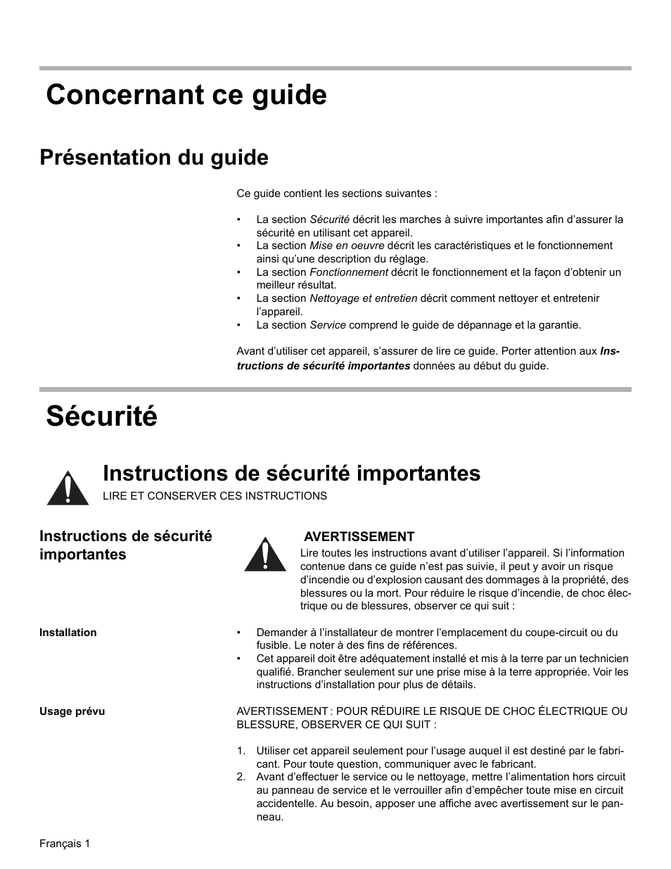 Concernant ce guide, Présentation du guide, Sécurité | Instructions de sécurité importantes, Installation, Usage prévu, Concernant ce guide sécurité | Bosch DKE94 User Manual | Page 13 / 32