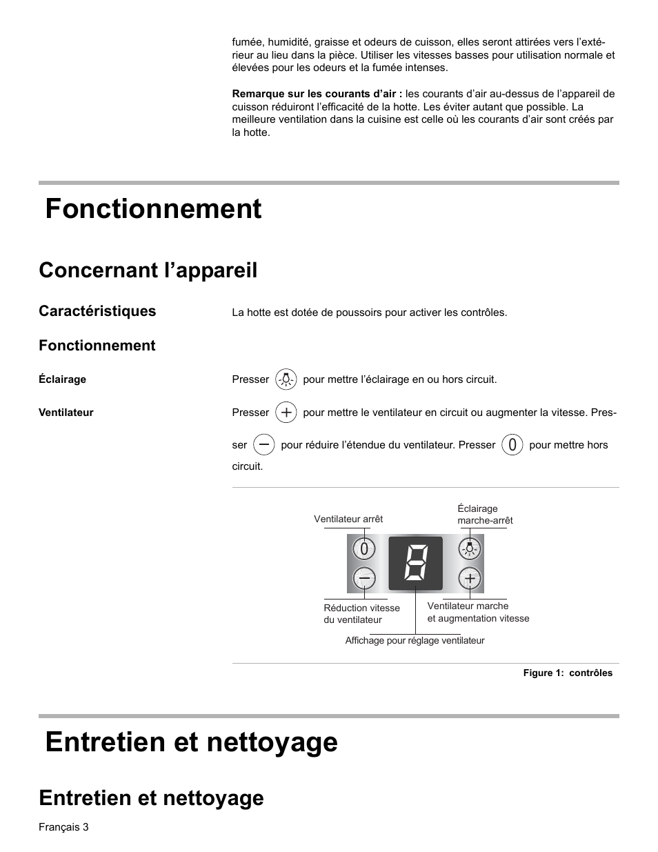 Fonctionnement, Concernant l’appareil, Caractéristiques | Éclairage, Ventilateur, Entretien et nettoyage | Bosch DKE94 User Manual | Page 15 / 32