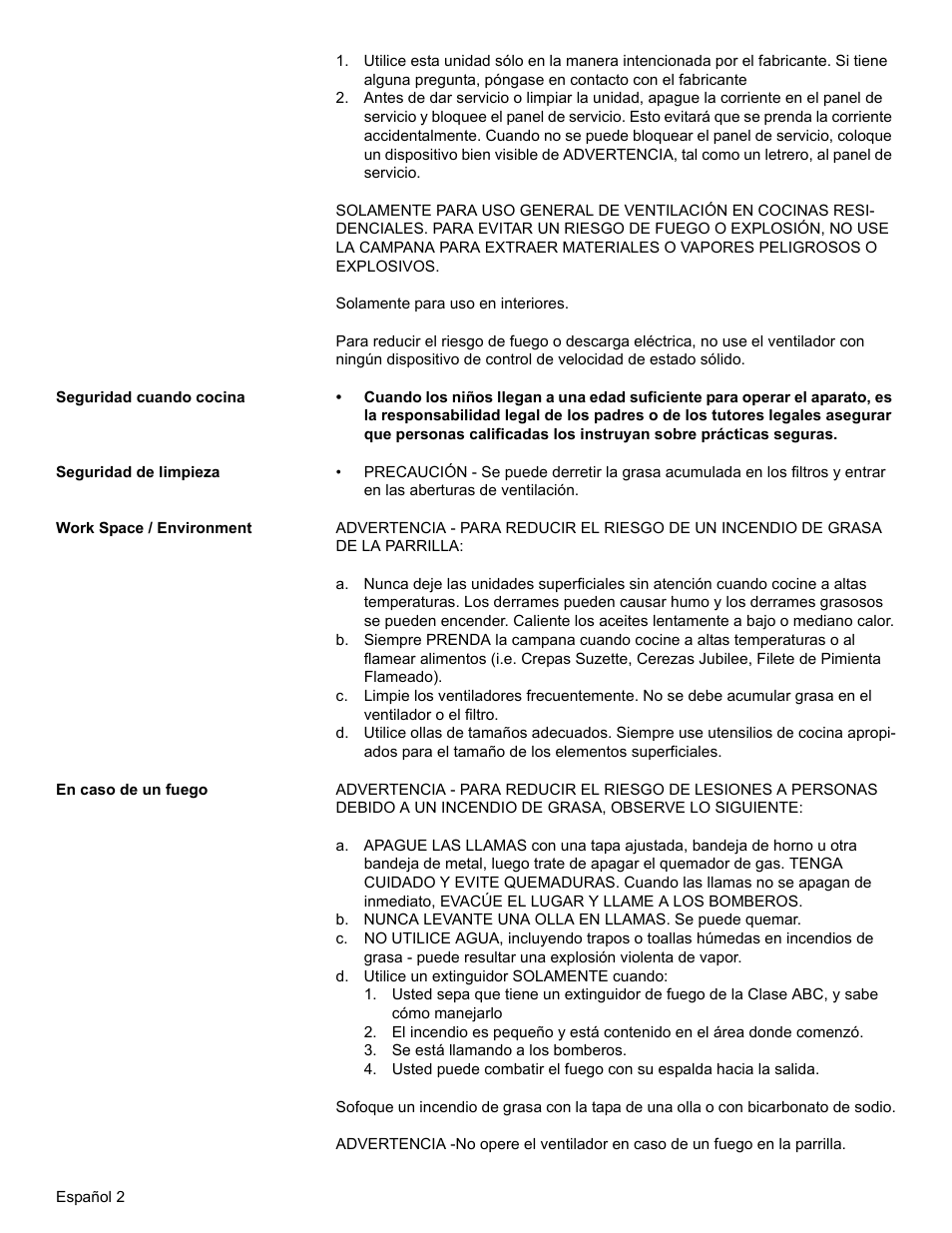 Seguridad cuando cocina, Seguridad de limpieza, Work space / environment | En caso de un fuego, D. utilice un extinguidor solamente cuando, Se está llamando a los bomberos | Bosch DKE94 User Manual | Page 24 / 32
