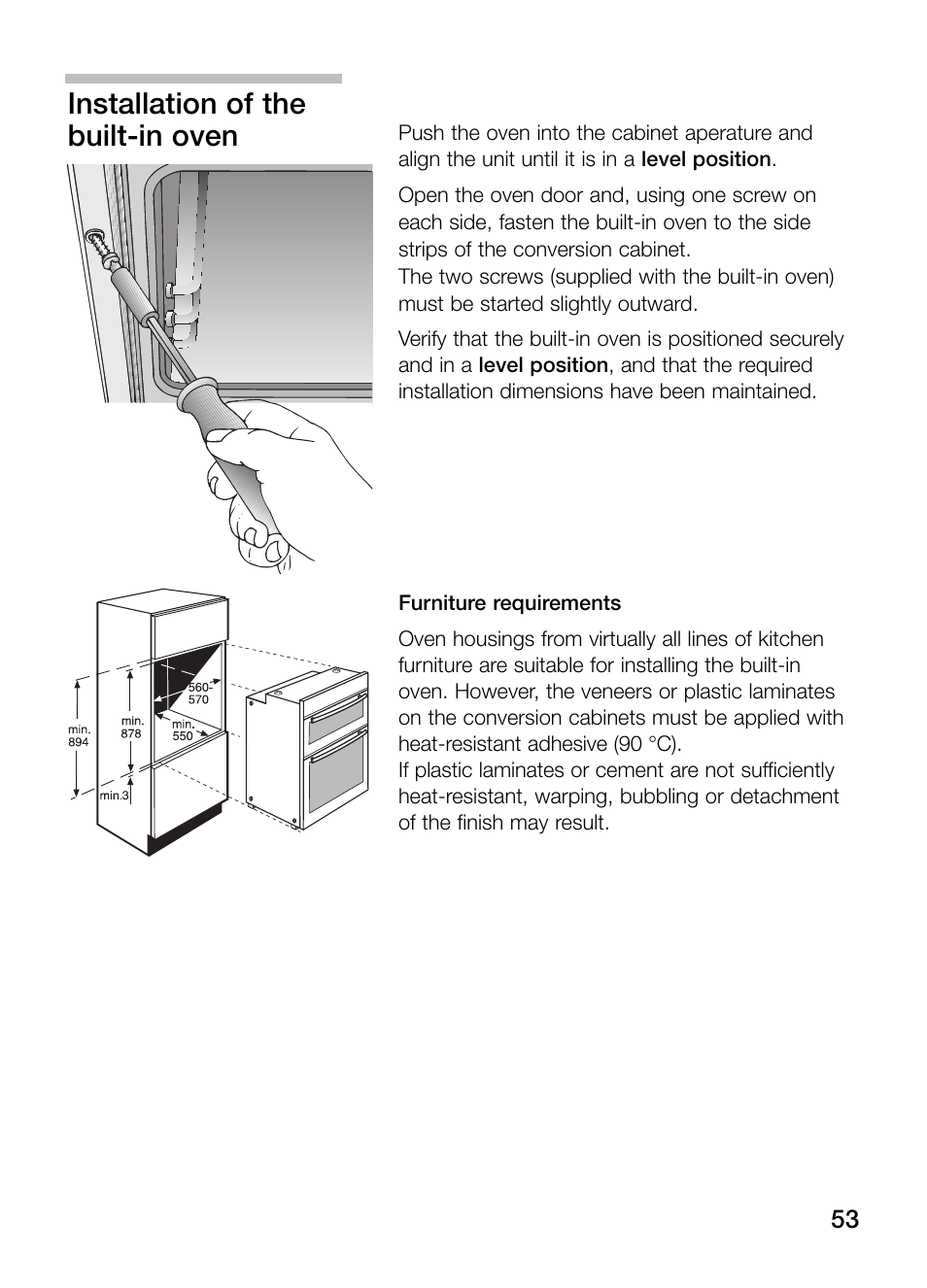 Installation of the built-in oven | Bosch HBN 43M 550 A User Manual | Page 53 / 56