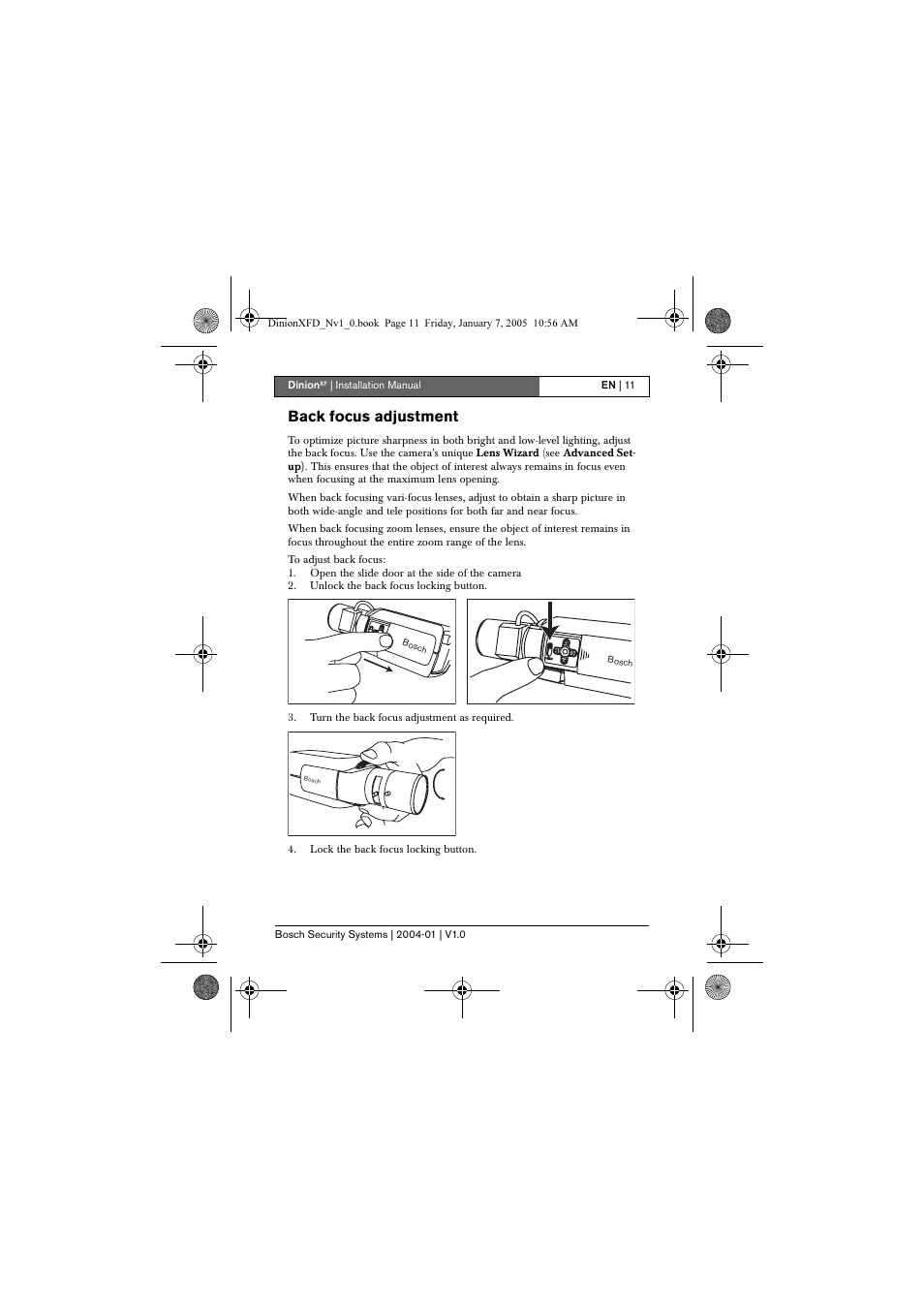 Back focus adjustment | Bosch DINIONXF LTC 0495 User Manual | Page 11 / 29
