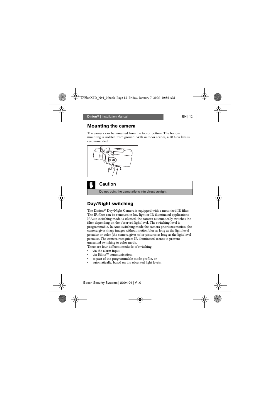 Mounting the camera, Day/night switching, Caution | Bosch DINIONXF LTC 0495 User Manual | Page 12 / 29
